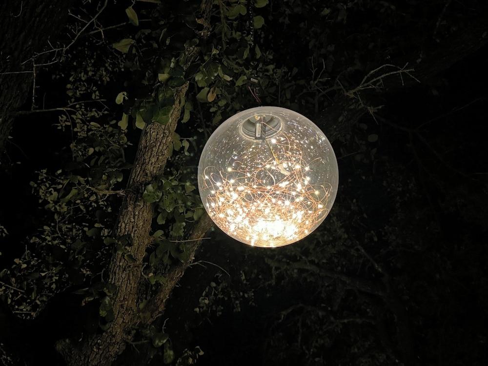 施設の正面 (日没後)